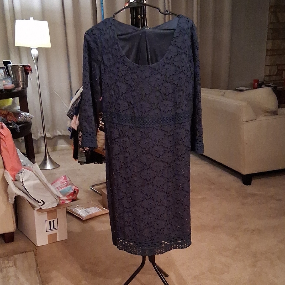 Alfani Elegant Navy Lace Long Sleeve Dress